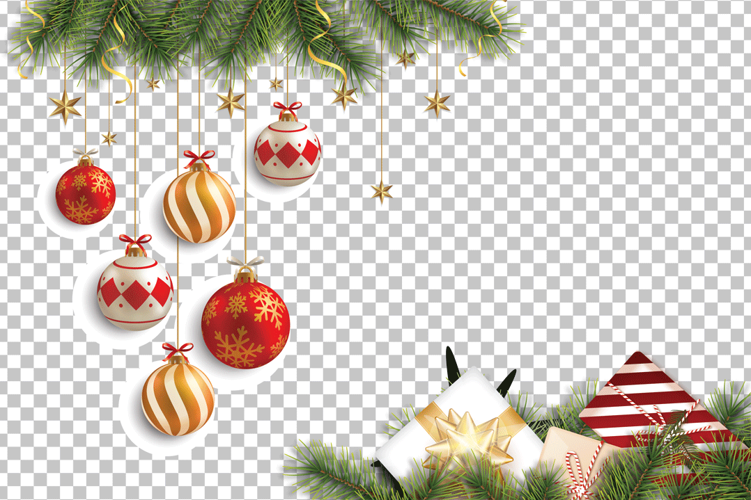 Christmas decoration with Christmas ornaments, including red, blue, green, and purple balls, as well as a gold star ornament and a pink candy cane ornament PNG Image