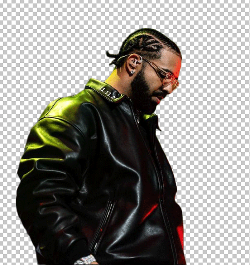 Drake in leather jacket and looking down PNG Image