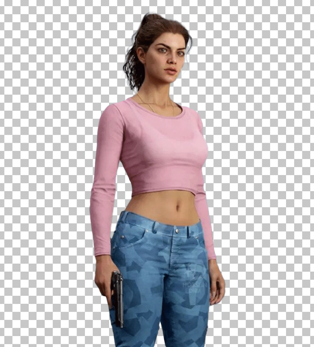 GTA VI Lucia is holding a gun and wearing a pink top and blue pants.