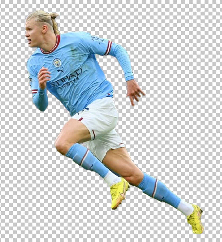 Manchester City FC football player Haaland running.