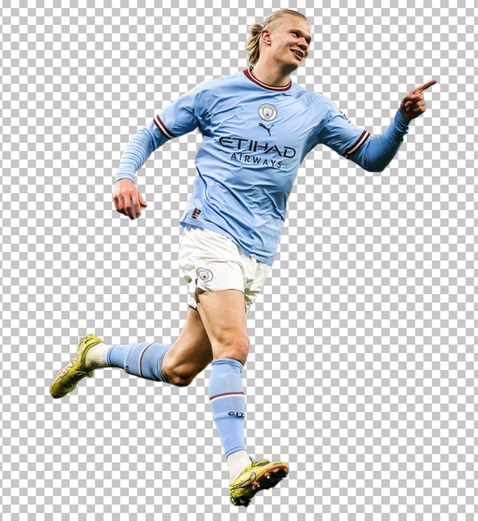 Manchester City FC football player Haaland running while pointing PNG Image.