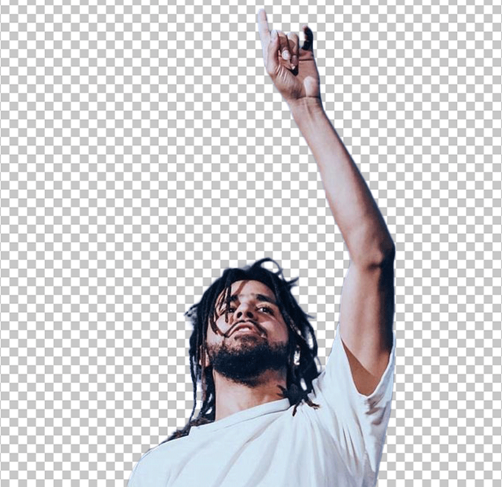 J Cole in white t-shirt and pointing up PNG Image