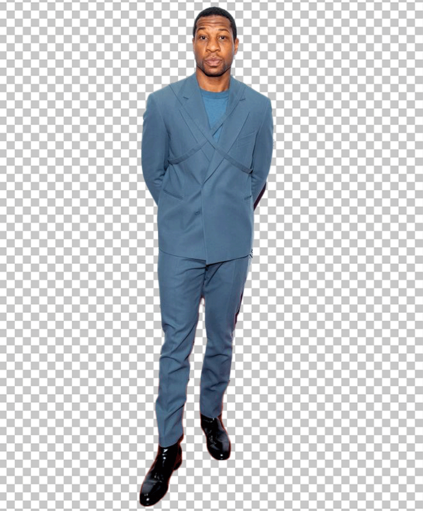 Jonathan Majors is wearing a blue suit PNG Image