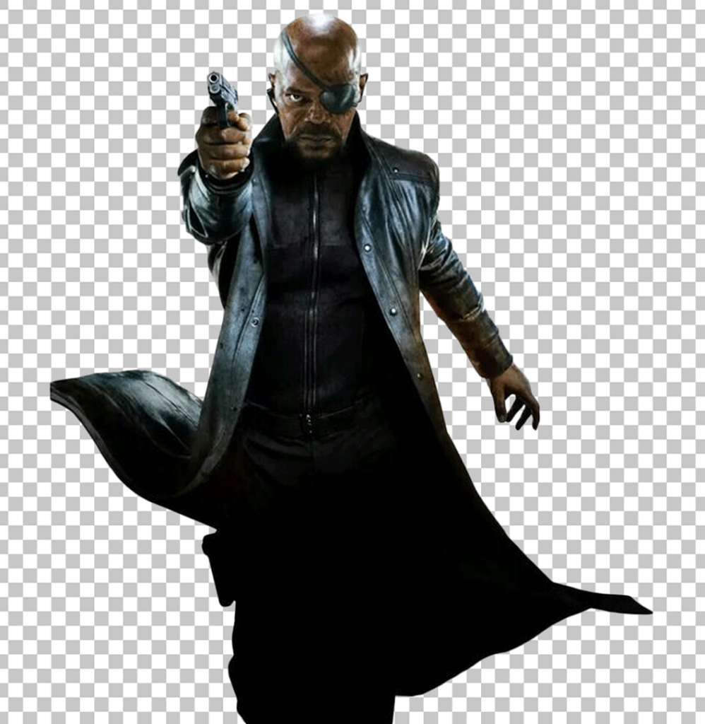 Nick Fury pointing gun and wearing a black leather coat PNG Image