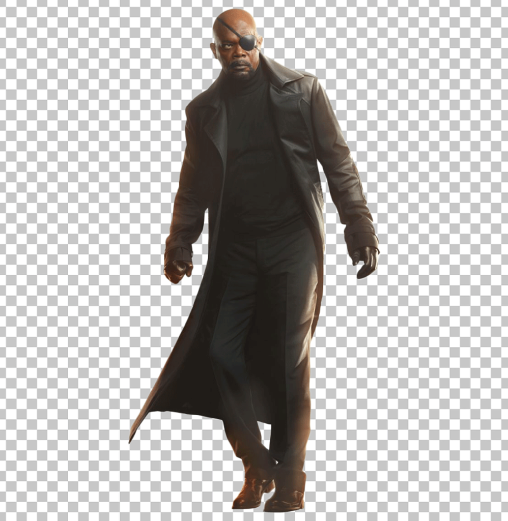 Nick Fury is walking and wearing a black coat PNG Image