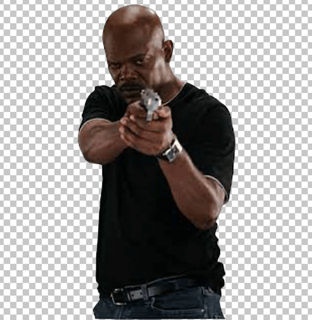Samuel L Jackson pointing gun and wearing black t-shirt PNG Image