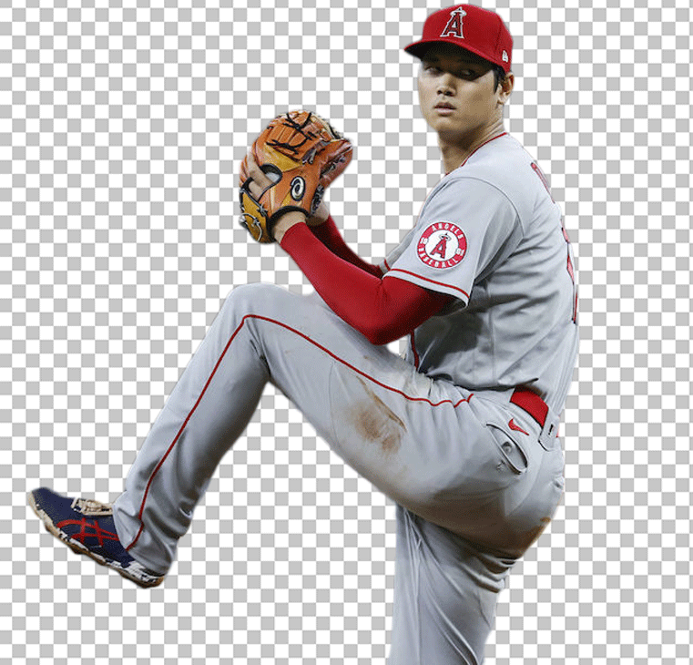 A PNG image of Shohei Ohtani, a baseball player, in the midst of throwing the ball during a pitch.