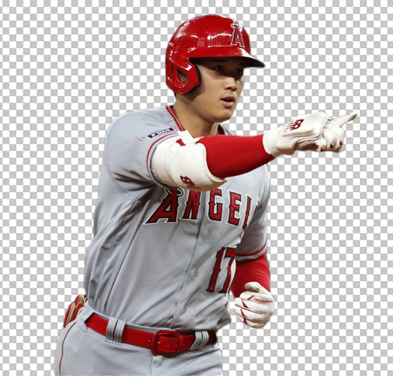 A baseball player in a red uniform with a glove, Shohei Ohtani pointing.