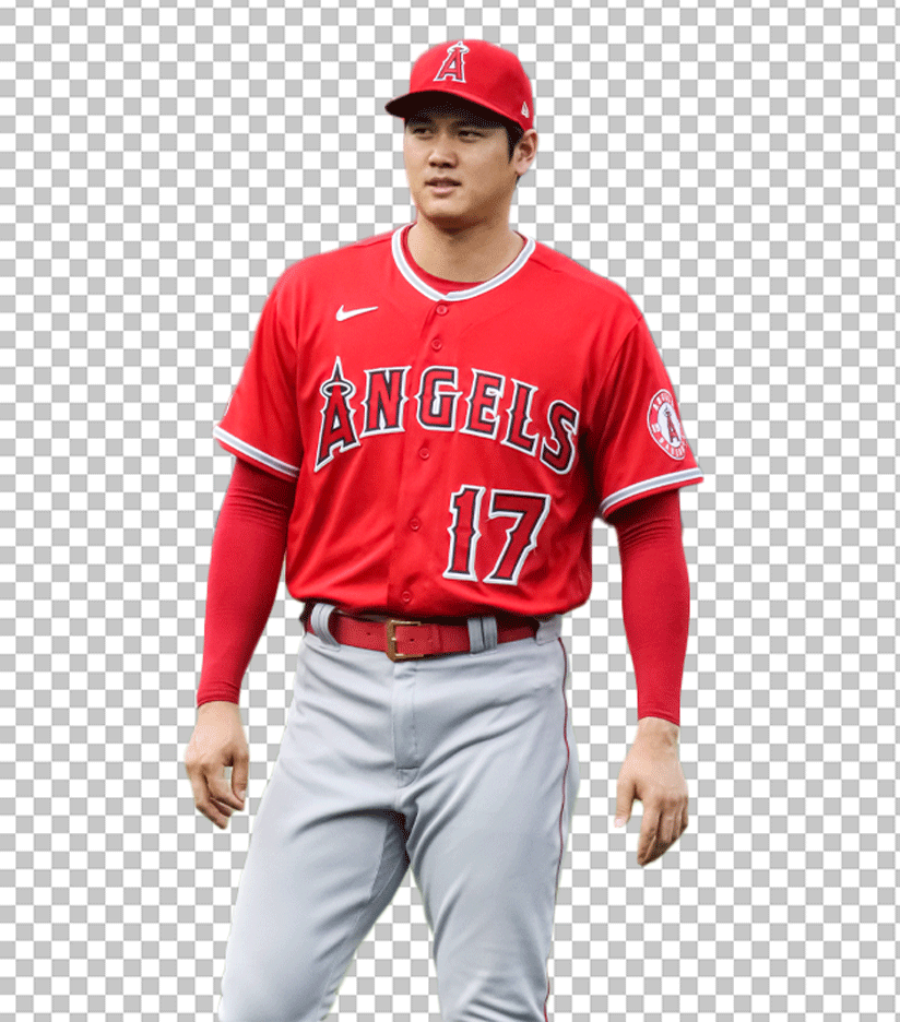 Shohei Ohtani standing and wearing red jersey PNG Image