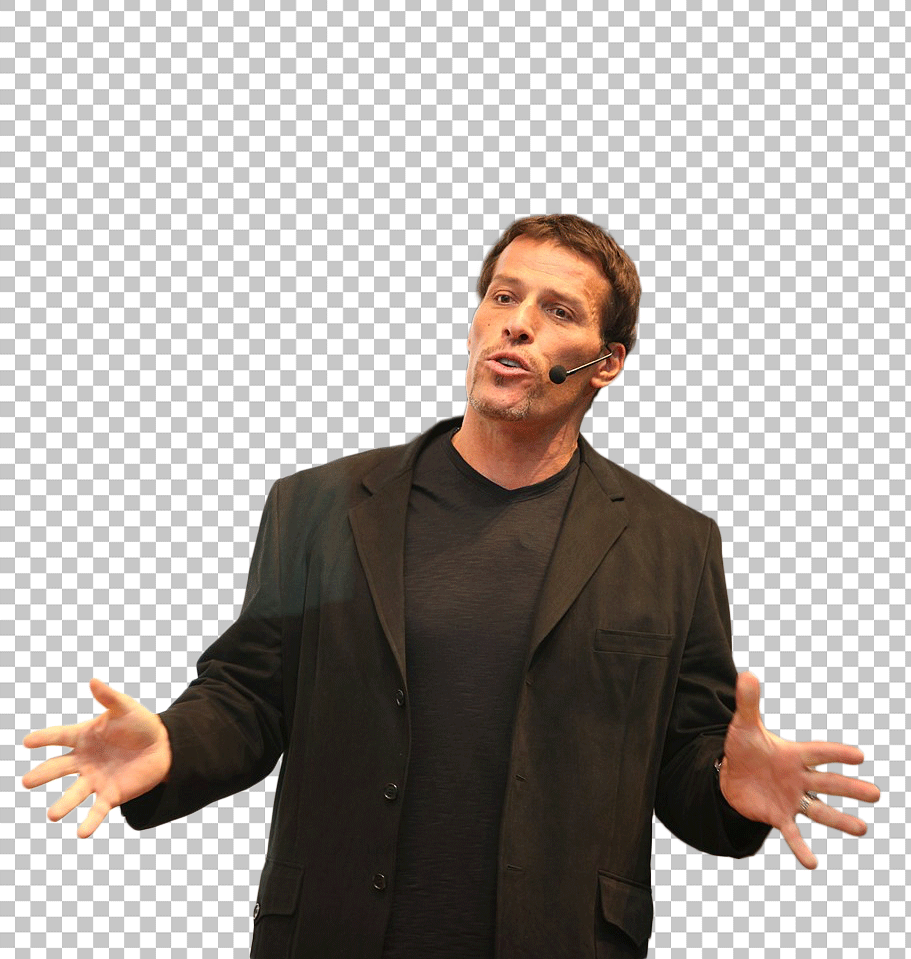 Tony Robbins in a black suit standing with his hands outstretched and speaking PNG Image