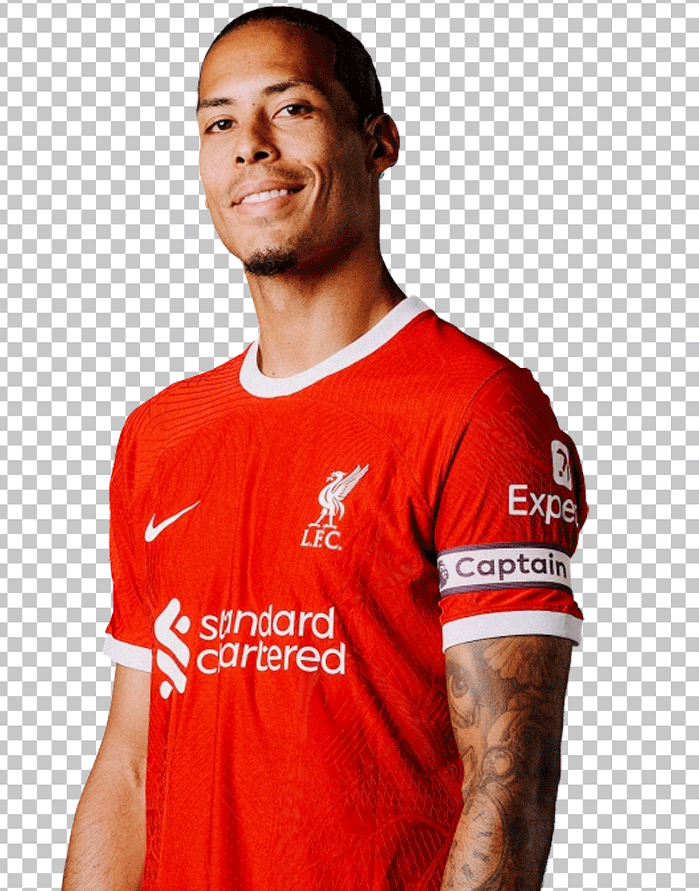 Virgil van Dijk smiling and wearing a red Liverpool jersey with a captain band