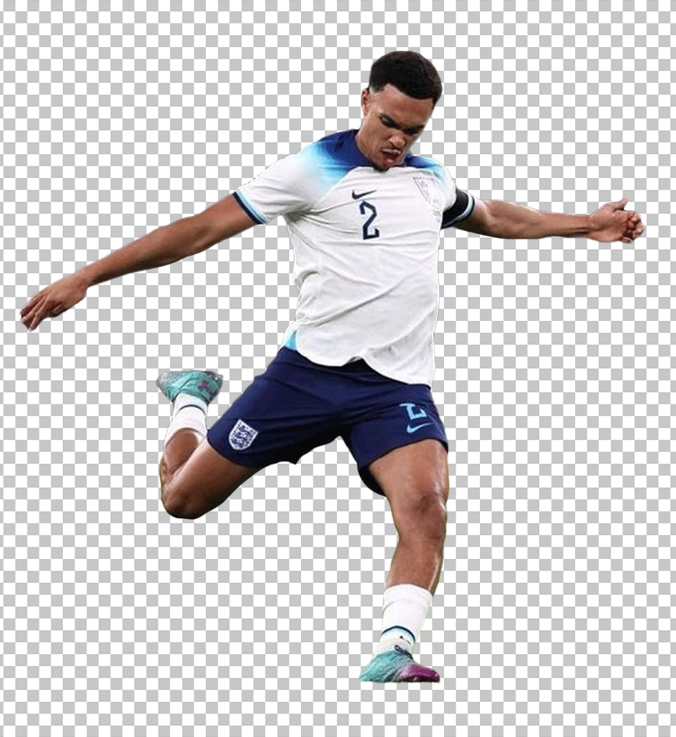 England soccer player Alexander Arnold in England jersey, about to shoot the ball.