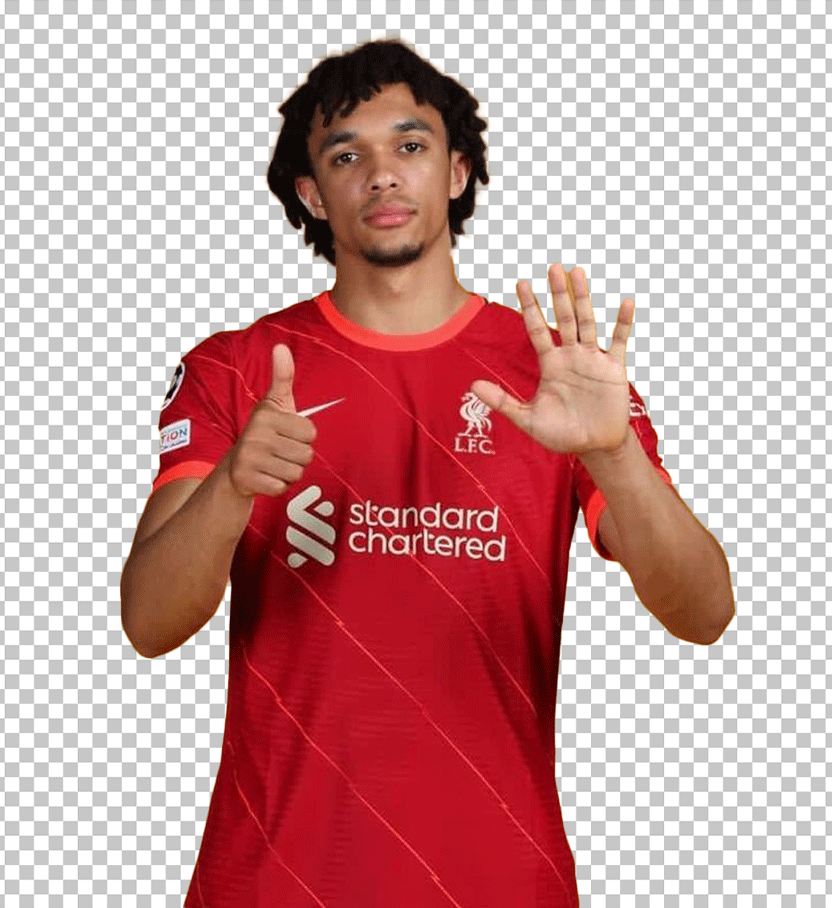 Alexander Arnold showing six fingers and wearing a red Liverpool jersey.