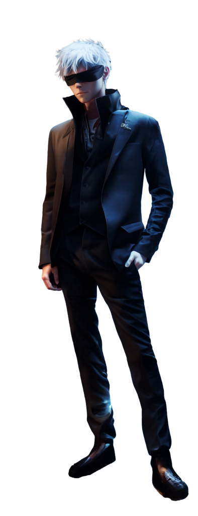 Satoru Gojo wearing a suit and tie, standing in a dimly lit room PNG Image