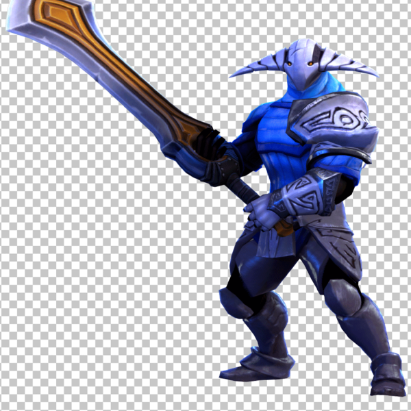 Sven, the melee strength hero from Dota 2, stands triumphantly in his blue armor, wielding his mighty sword.