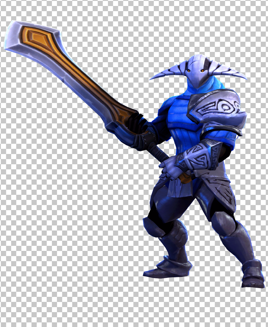 Sven, the melee strength hero from Dota 2, stands triumphantly in his blue armor, wielding his mighty sword.
