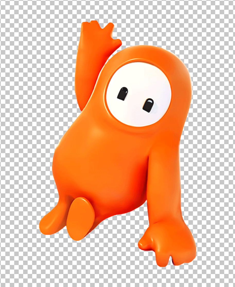 A Fall Guy character in the orange costume, laying down on a white background.