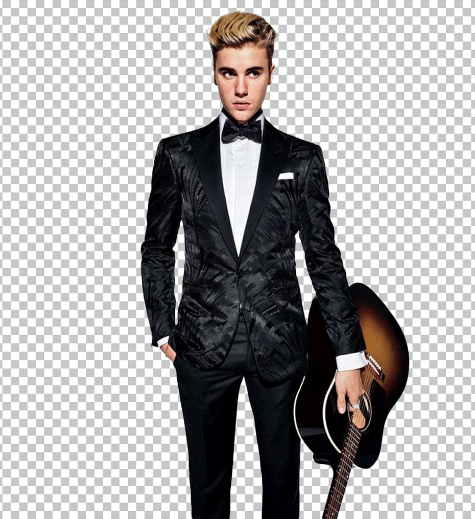Justin Bieber in tuxedo and holding a guitar PNG Image