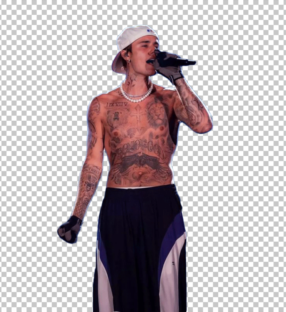 Justin Bieber is shirtless and holding mic PNG Image