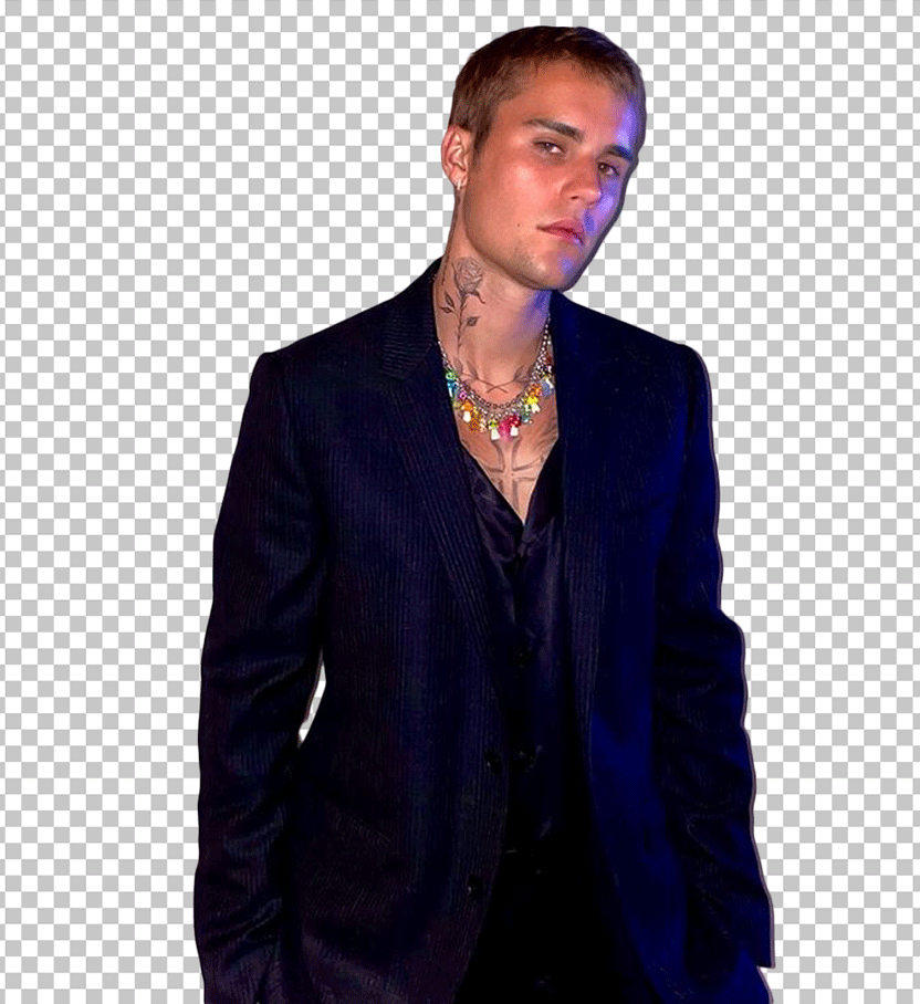 Justin Bieber has short hair and wearing a black dress PNG Image