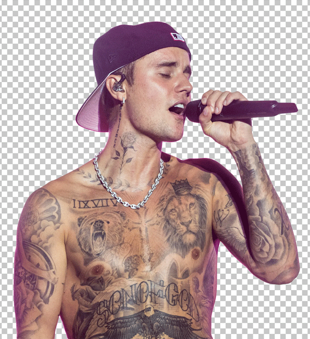 Justin Bieber singing on a mic with shirtless PNG Image