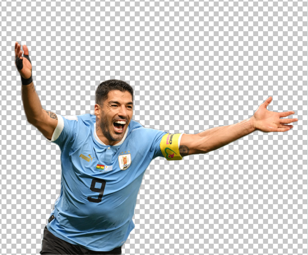An image featuring Luis Suarez joyfully celebrating amidst a crowd of soccer players during a match.