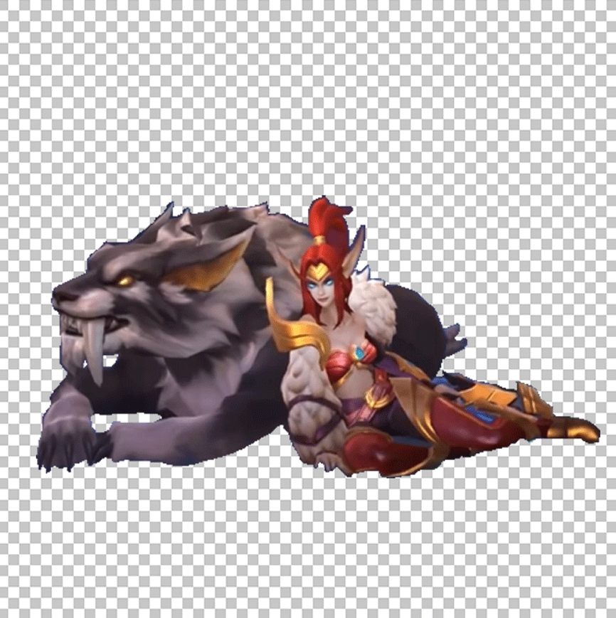 Mobile Legends Irithel is sitting with her loyal companion, a majestic tiger named Leo.