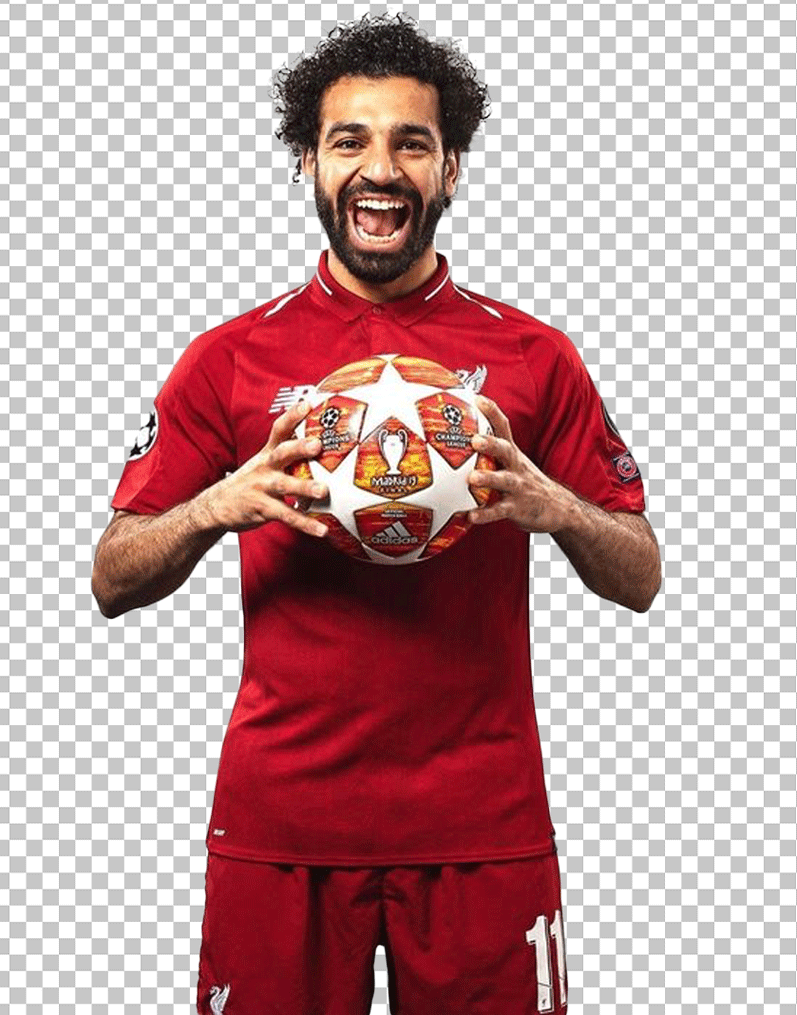 Mohamed Salah is wearing ed Liverpool jersey and holding a Football PNG Image