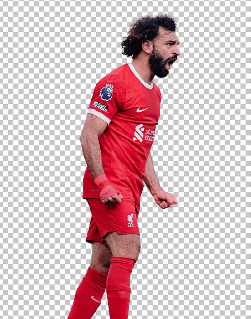 Mohamed Salah shouting and wearing Liverpool red jersey PNG Image