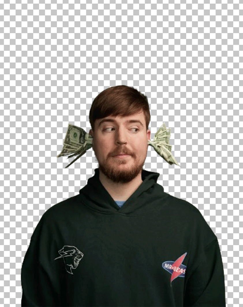 MrBeast is wearing black hoodies and money is coming out from his ear.