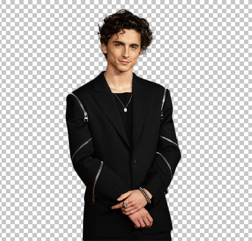 Timothee Chalamet wearing a black suit with a zipper on the left side of his chest.