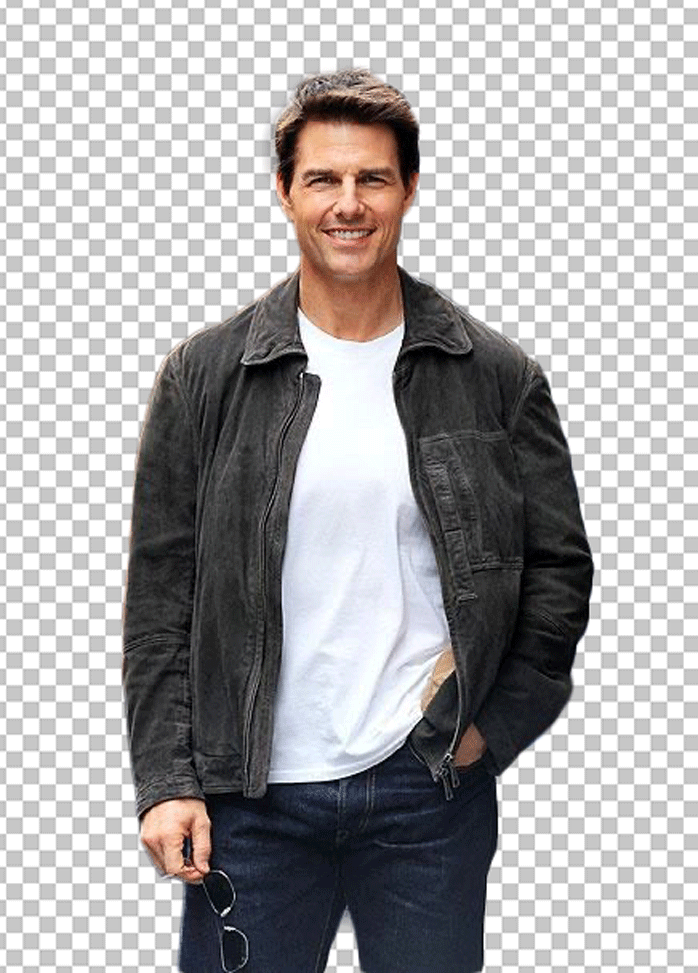 Tom Cruise smiling, and wearing a black jacket, white shirt, and blue jeans PNG Image