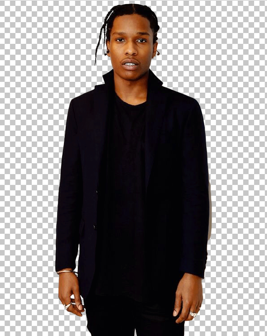 Young ASAP Rocky wearing a black jacket and black pants PNG Image