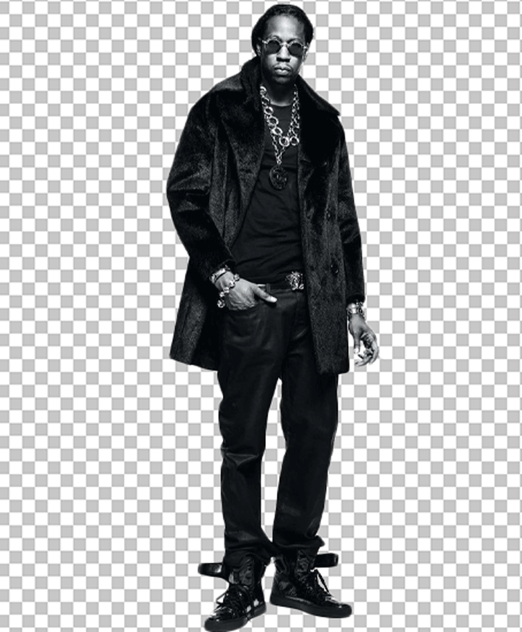 Black and white image of 2 Chainz standing PNG Image