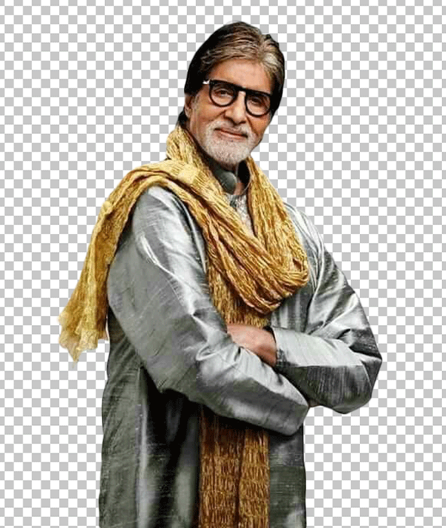 Amitabh Bachchan is smiling and wearing a yellow scarf.