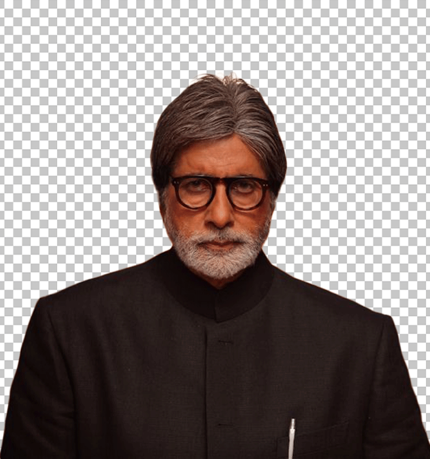 Amitabh Bachchan is staring and wearing glasses.