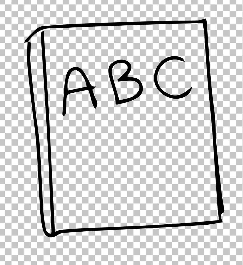 Black and white illustration depicts an open book with the letters ABC on a transparent background.