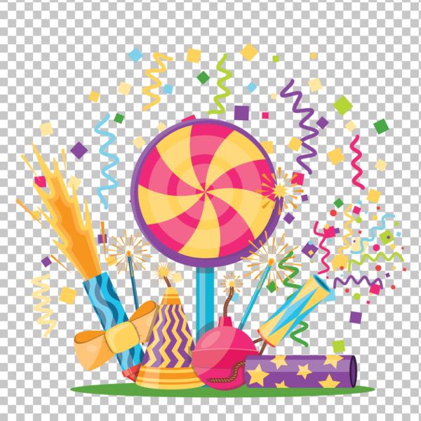 Celebration: a colorful illustration of various party items including a large lollipop, hats, and noisemakers, surrounded by confetti and streamers.