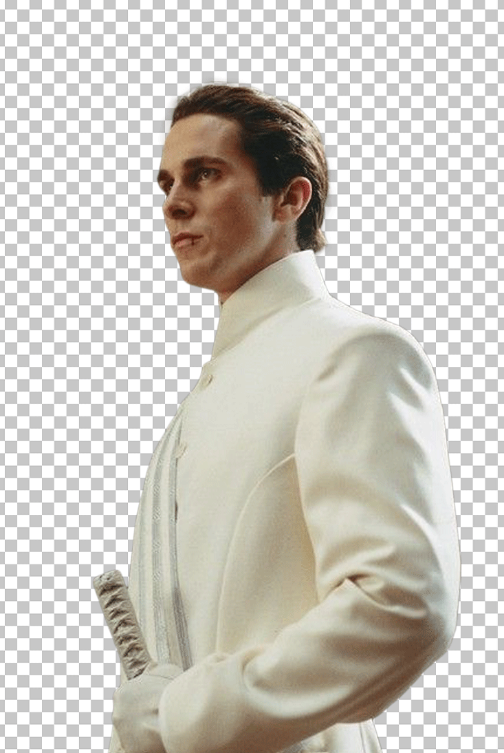 Christian Bale in a white suit and holding a sword.