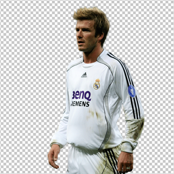 David Beckham in a white Real Madrid jersey.