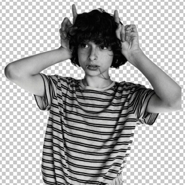 Black and white image of Finn Wolfhard teasing PNG Image