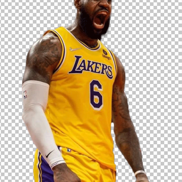 LeBron James is shouting and wearing a yellow Lakers jersey.