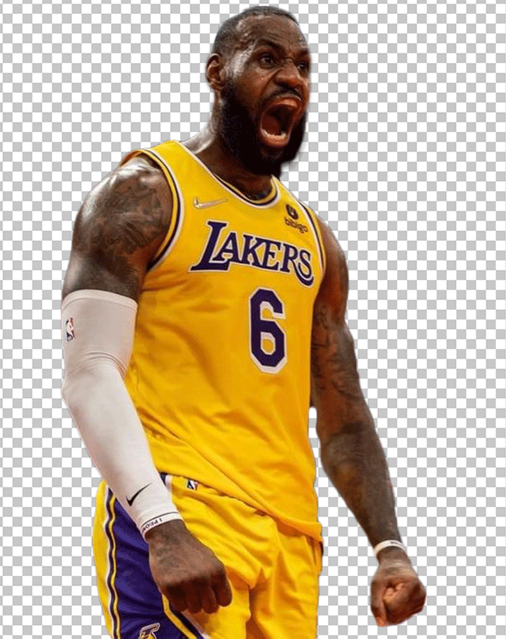 LeBron James is shouting and wearing a yellow Lakers jersey.