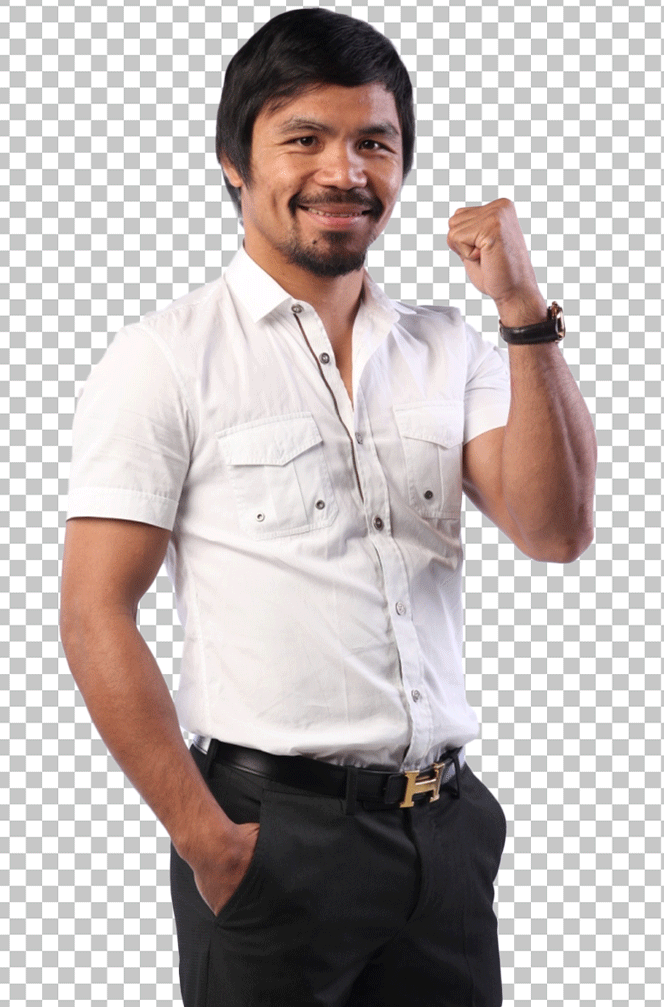 A PNG image of Manny Pacquiao wearing a white shirt.