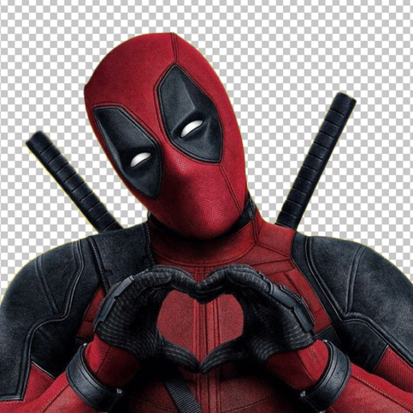 Deadpool is making a heart shape with his hands.