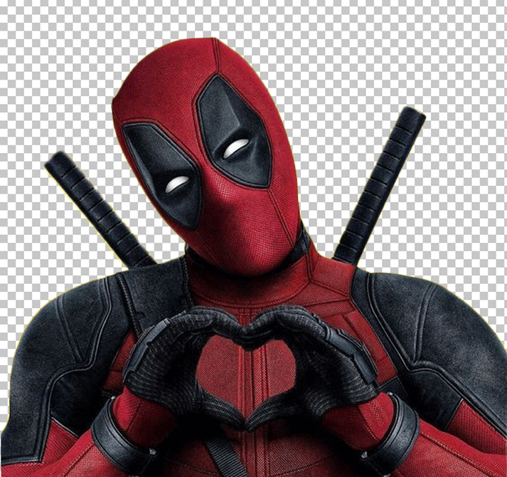 Deadpool is making a heart shape with his hands.