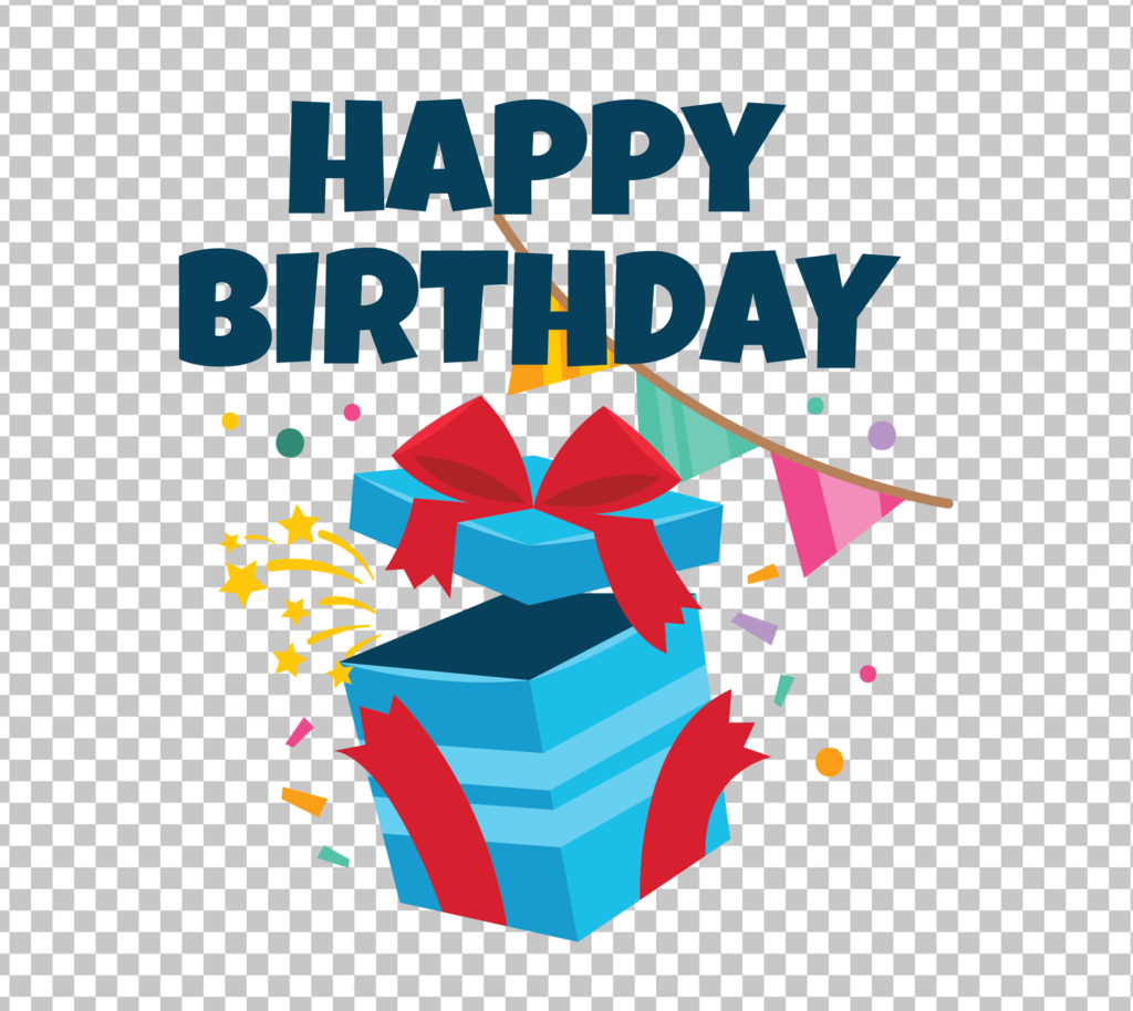 A blue gift box with a red bow and a happy birthday message on a transparent background.