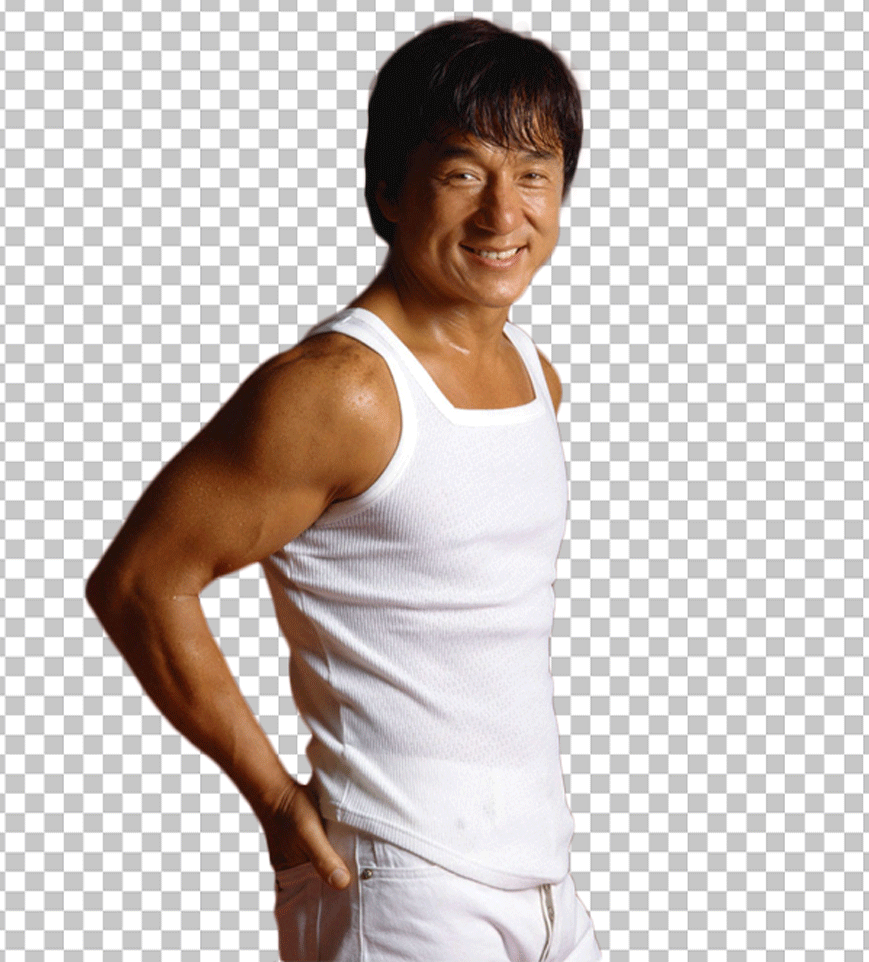 Jackie Chan is smiling in white tank top.