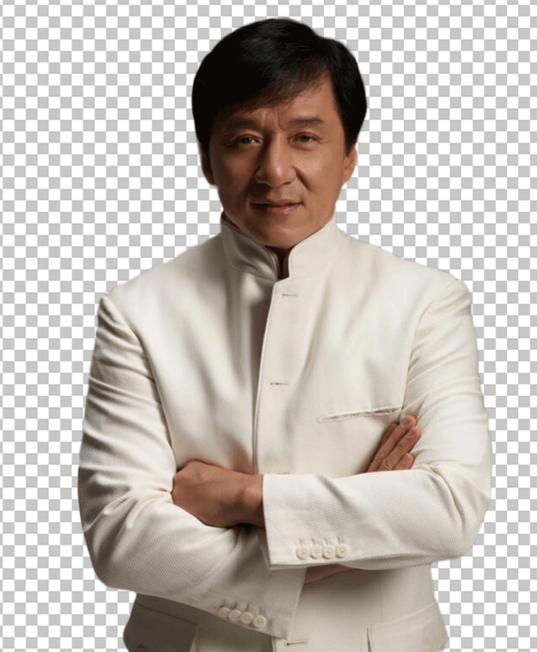 Jackie Chan was standing with his arms crossed in front of him.
