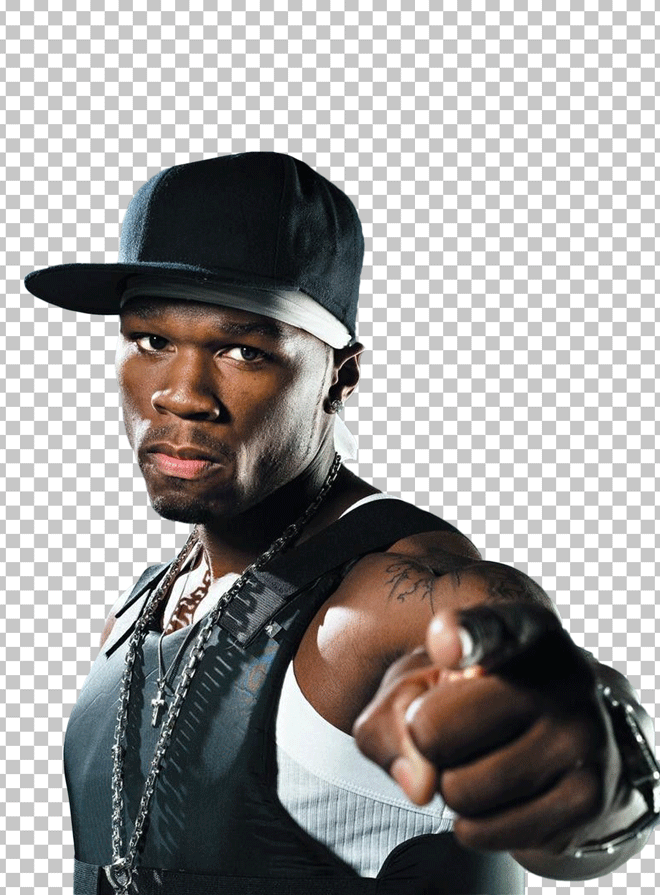 50 Cent is wearing a black cap and vest and pointing.